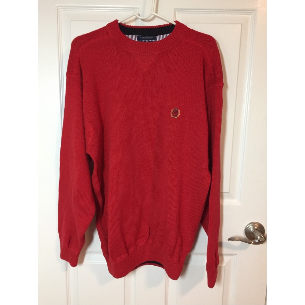 Mens Tommy Hilfiger Size Large L Red Cotton Pullover Knit Sweater w/ Crest Logo